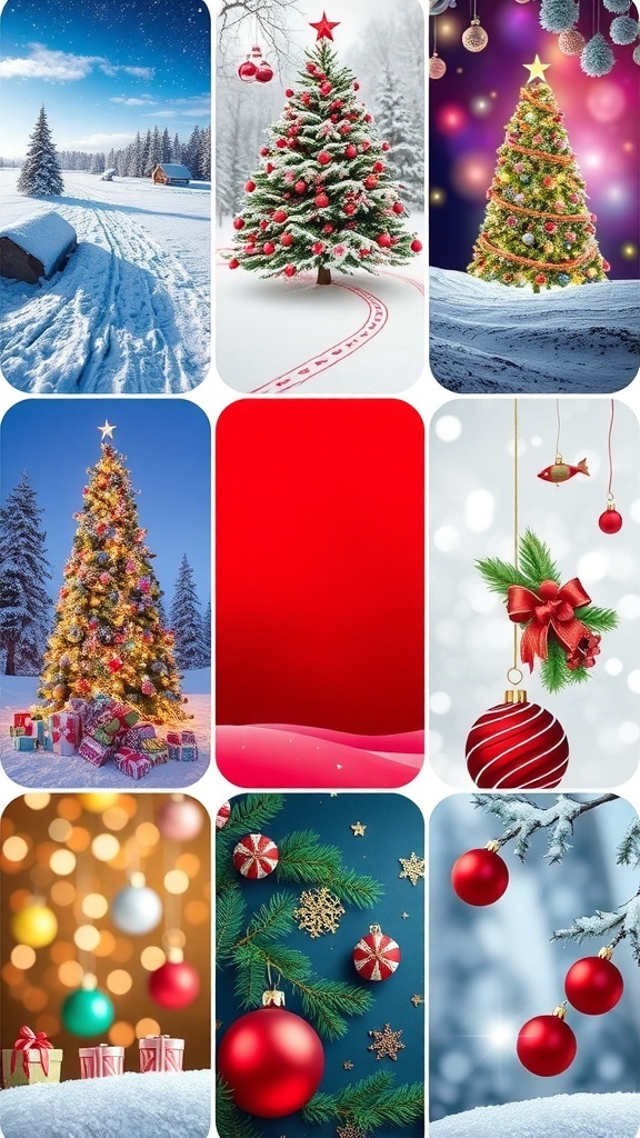 A collage of Christmas wallpapers for phones featuring snowy scenes, Christmas trees, and festive decorations.
